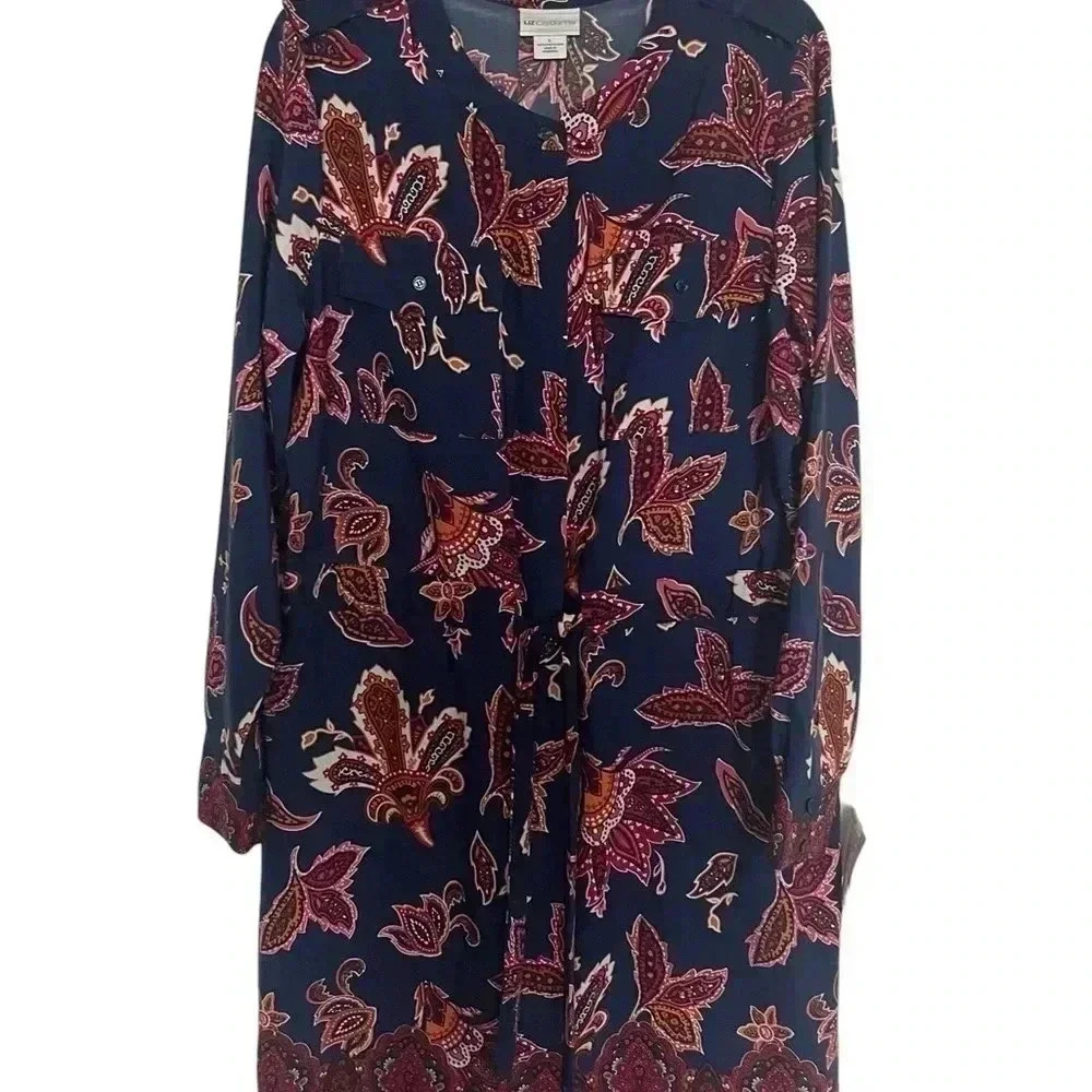 Liz Claiborne Vintage Paisley Shirt Dress Navy Floral Midi Large - Picture 4 of 8